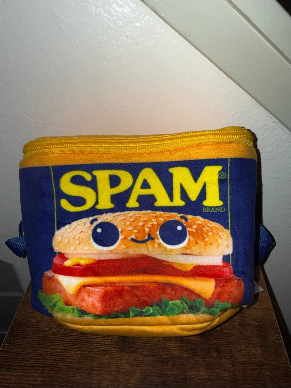 SPAM Novelty Blue and Yellow Plush Crossbody Bag
